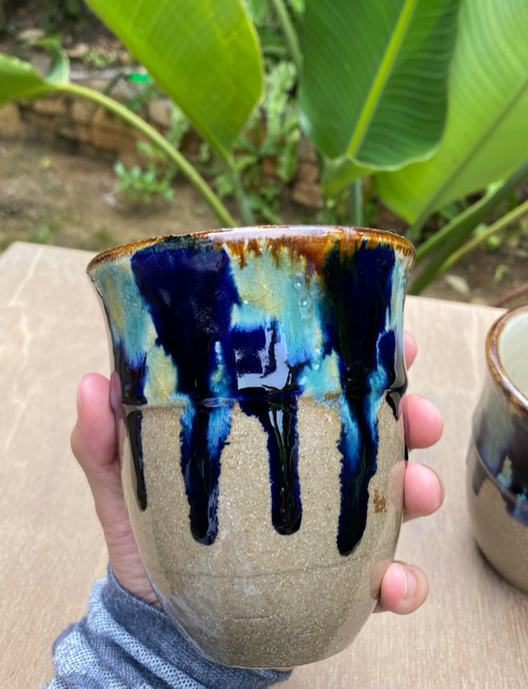 フリーカップ大　青三彩紋　２個セット　タンブラー　カップ　陶器　エドメ陶房　やちむん 2枚目の画像