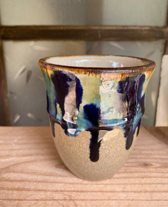 フリーカップ大　青三彩紋　２個セット　タンブラー　カップ　陶器　エドメ陶房　やちむん 4枚目の画像