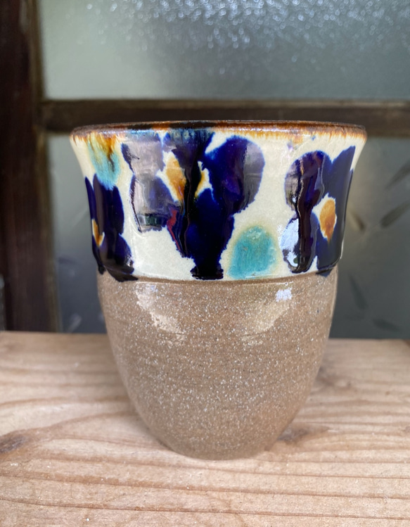 フリーカップ大　花紋　２個セット　タンブラー　カップ　陶器　エドメ陶房　やちむん 3枚目の画像