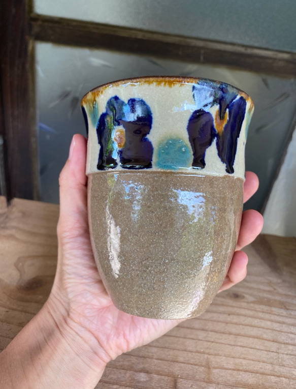 フリーカップ大　花紋　２個セット　タンブラー　カップ　陶器　エドメ陶房　やちむん 5枚目の画像