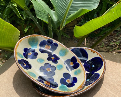 アウトレット】オーバル皿 花紋・青丸紋 2枚セット やちむん エドメ陶