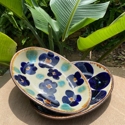 アウトレット】オーバル皿 花紋・青丸紋 2枚セット やちむん エドメ陶