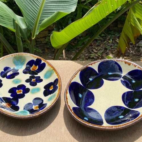 アウトレット】オーバル皿 花紋・青丸紋 2枚セット やちむん エドメ陶