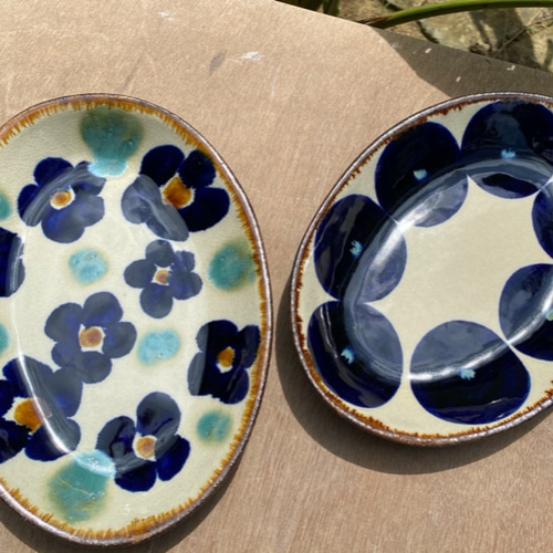 アウトレット】オーバル皿 花紋・青丸紋 2枚セット やちむん エドメ陶