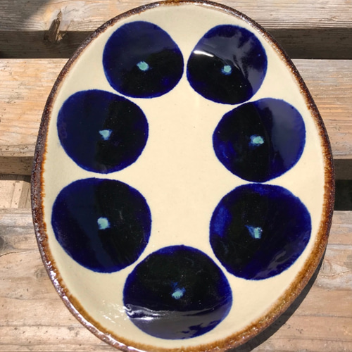 やちむん　オーバル皿 オーバル皿1 青三彩紋 やちむん 陶器 エドメ陶房| mundasui