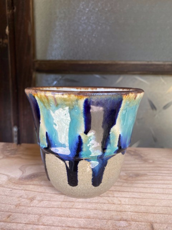 フリーカップ　三彩紋・青三彩紋　２個セット　タンブラー　カップ　陶器　エドメ陶房　やちむん 4枚目の画像