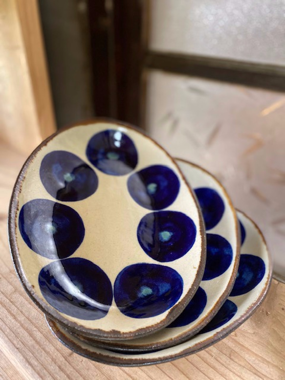 アウトレット】オーバル皿 青丸紋 3枚セット やちむん エドメ陶房 中