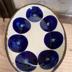 【アウトレット】オーバル皿　青丸紋　３枚セット　やちむん　エドメ陶房 5枚目の画像