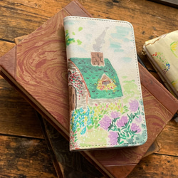 緑の屋根のお家の手帳型スマホケース　　水彩画のスマホカバー　【受注制作】Android、iPhone全機種対応 5枚目の画像
