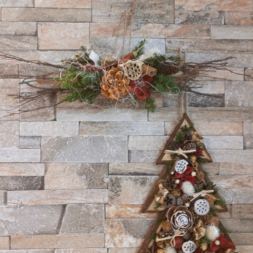 Xmasドライフラワーアレンジ☆ツリー型アレンジと白樺の壁掛けアレンジ