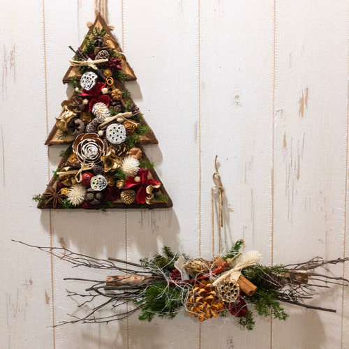 Xmasドライフラワーアレンジ☆ツリー型アレンジと白樺の壁掛けアレンジ