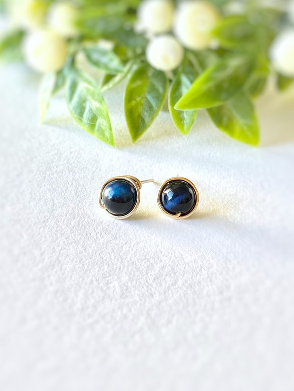 14kgf ミッドナイトブルー タイガーアイ ワイヤーピアス/イヤリング  