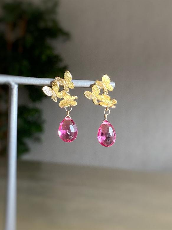 Three butterflies ＆ Pink Tourmaline Quartz Earrings 14kgf 2枚目の画像