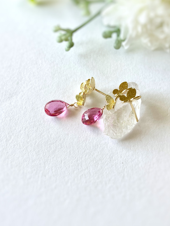 Three butterflies ＆ Pink Tourmaline Quartz Earrings 14kgf 3枚目の画像