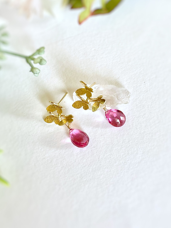 Three butterflies ＆ Pink Tourmaline Quartz Earrings 14kgf 4枚目の画像