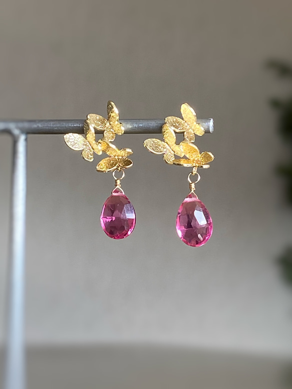 Three butterflies ＆ Pink Tourmaline Quartz Earrings 14kgf 5枚目の画像