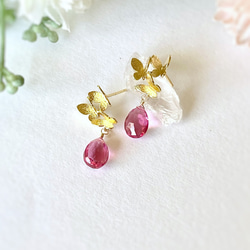 Three butterflies ＆ Pink Tourmaline Quartz Earrings 14kgf 6枚目の画像