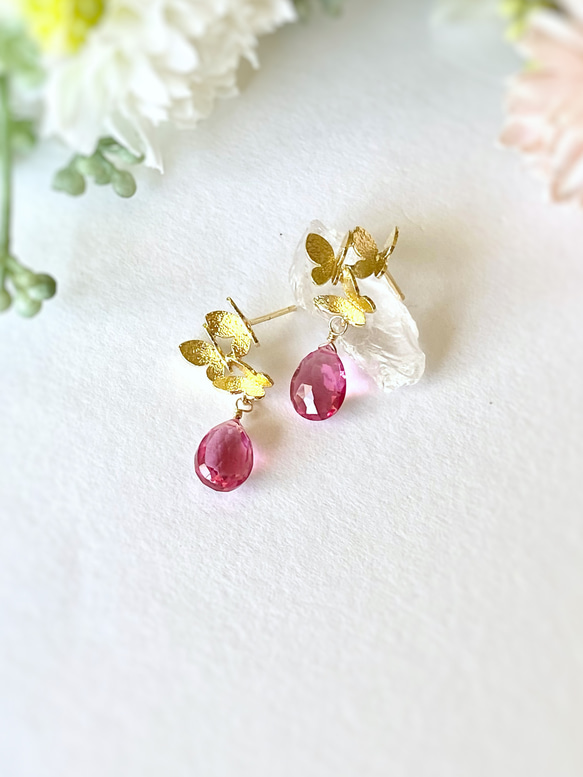 Three butterflies ＆ Pink Tourmaline Quartz Earrings 14kgf 6枚目の画像