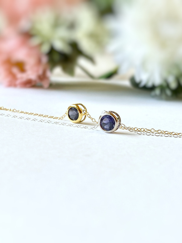 再販♡ 宝石質アイオライト AAA 5mm ベゼルネックレス 14kgf 菫青石 3月誕生石 2枚目の画像
