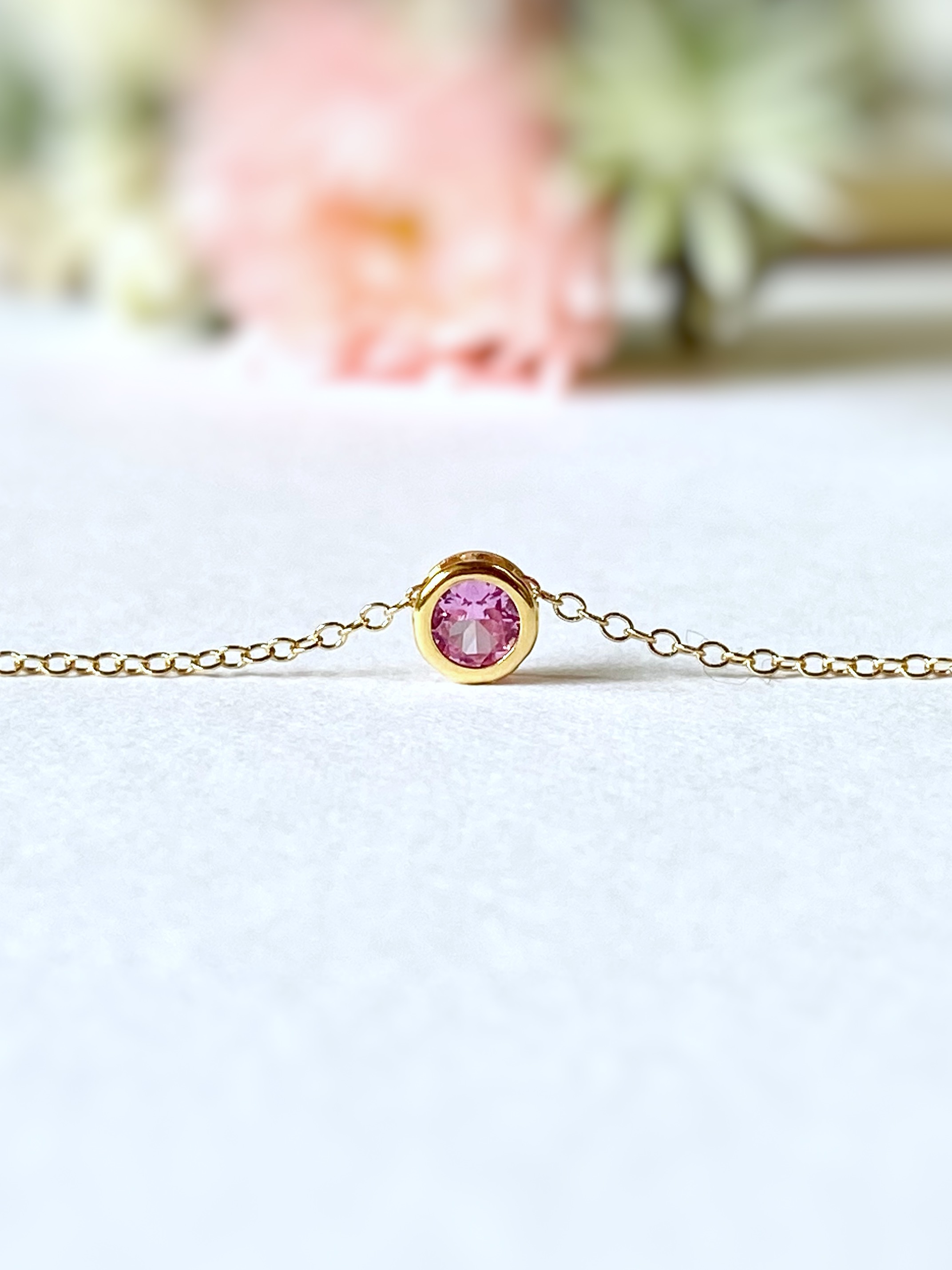 再販♡ ピンクサファイア 4mm ベゼルネックレス 14kgf 9月誕生石