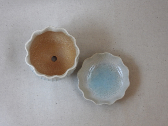 空色フリル陶製植木鉢(皿付き)β 5枚目の画像