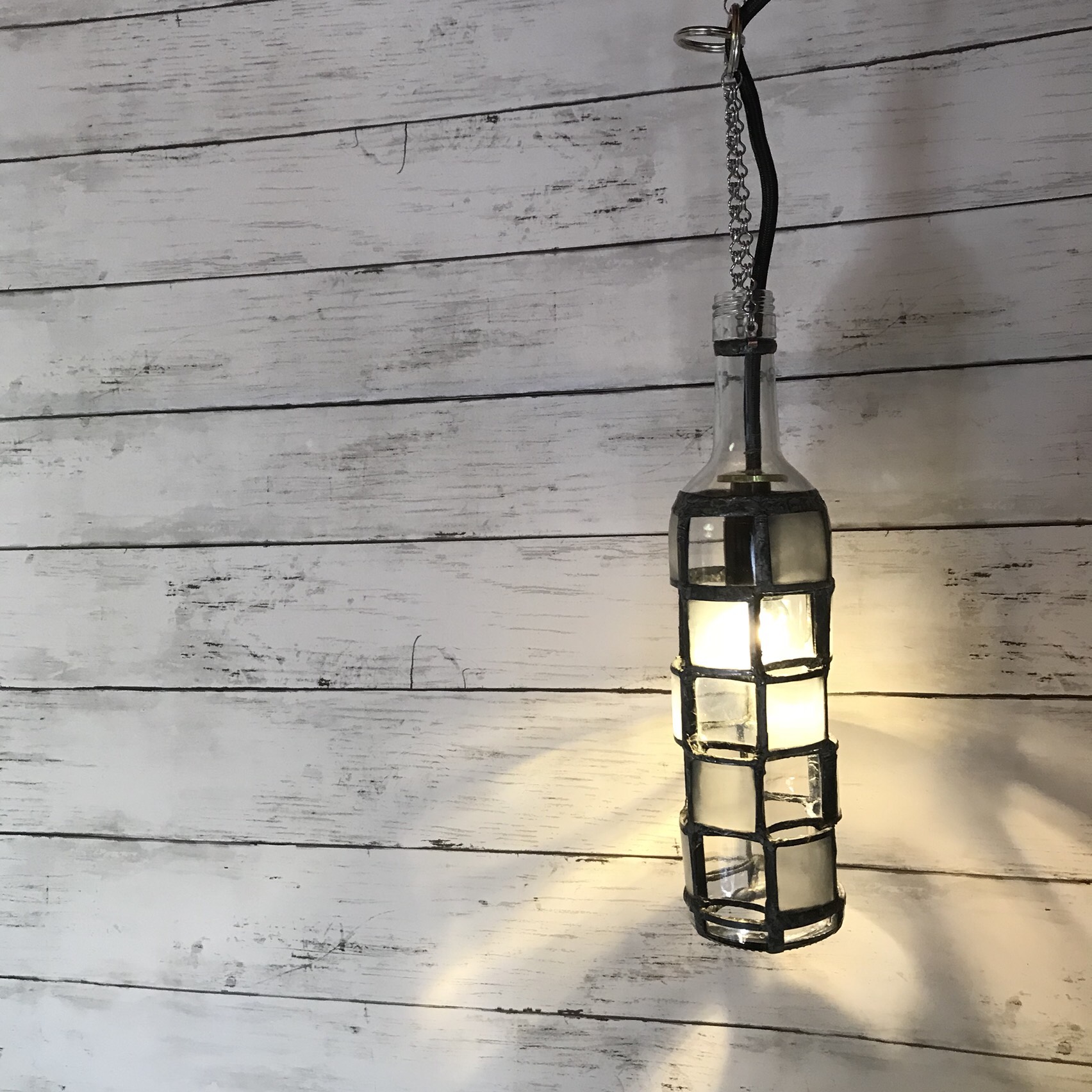 ボトルステンドグラス混ビン ペンダントライト クリア&フロスト格子 used黒縁