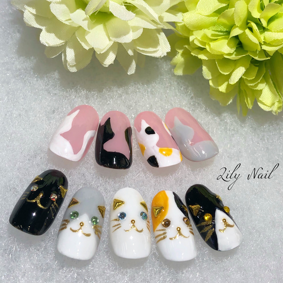 アートネイルチップセット 猫デザイン オーダー品です♡ 猫ちゃん大集合です🐈‍⬛🐈🐈‍⬛🐈 お一つずつ