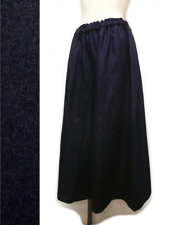 【パンツ】ゆったりワイドなガウチョ・パンツ(スカートパンツ/L) デニム生地 3枚目の画像