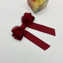 大人可愛い揺れるヘアリボン ポニーフック　赤いベロア調リボン&オーガンジーリボン 7枚目の画像