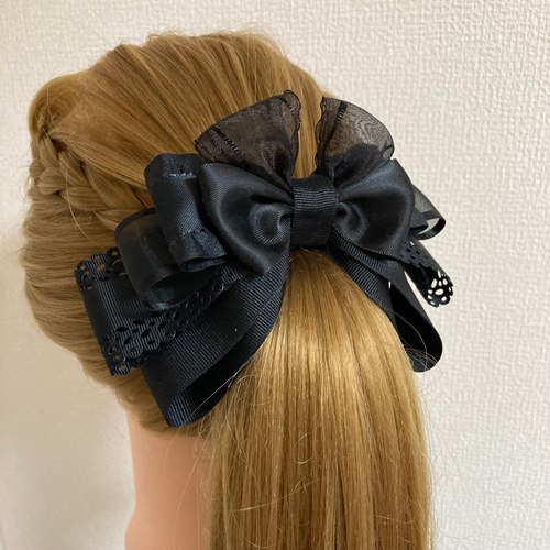 211021 プリンセスリボンの大きなヘアリボンポニーフック 黒 ポニー