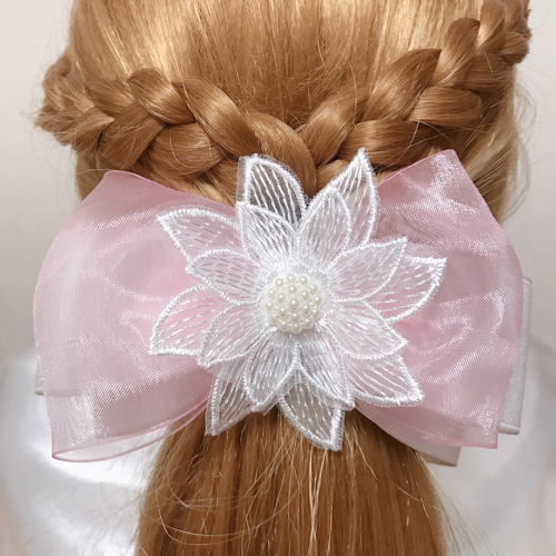 プリンセス風大人可愛い白のヘアリボン ポニーフック オーガンジー 