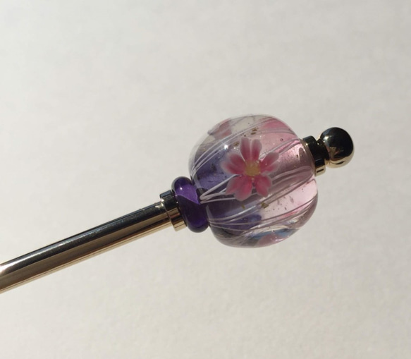 とんぼ玉 かんざし 桜 ピンク×紫　　 3枚目の画像