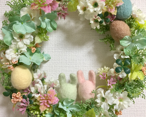 羊毛フェルト　ハンドメイド　プリサードフラワーリースタイプ　オーダー受付中 羊毛フェルトの春色イースターリース リース mugiazu 通販 6147698