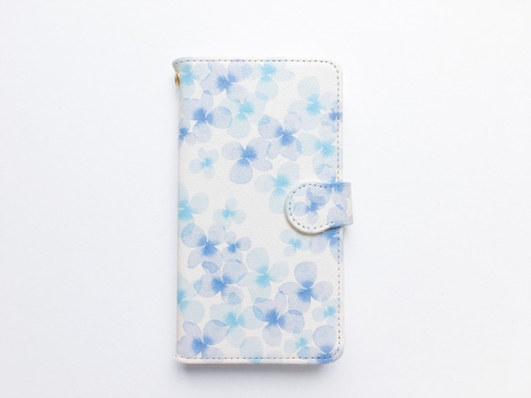 水彩フラワーiPhone手帳スマホケース（ブルー） 1枚目の画像
