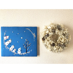 手刺繍　ファブリックパネル「雪ダルマMeeting　sn#2」刺繍パネル 3枚目の画像