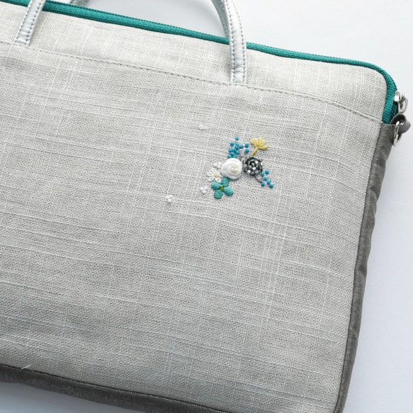 サコッシュ　手刺繍「流れ花　ブルー」ショルダーストラップ付 　 8枚目の画像