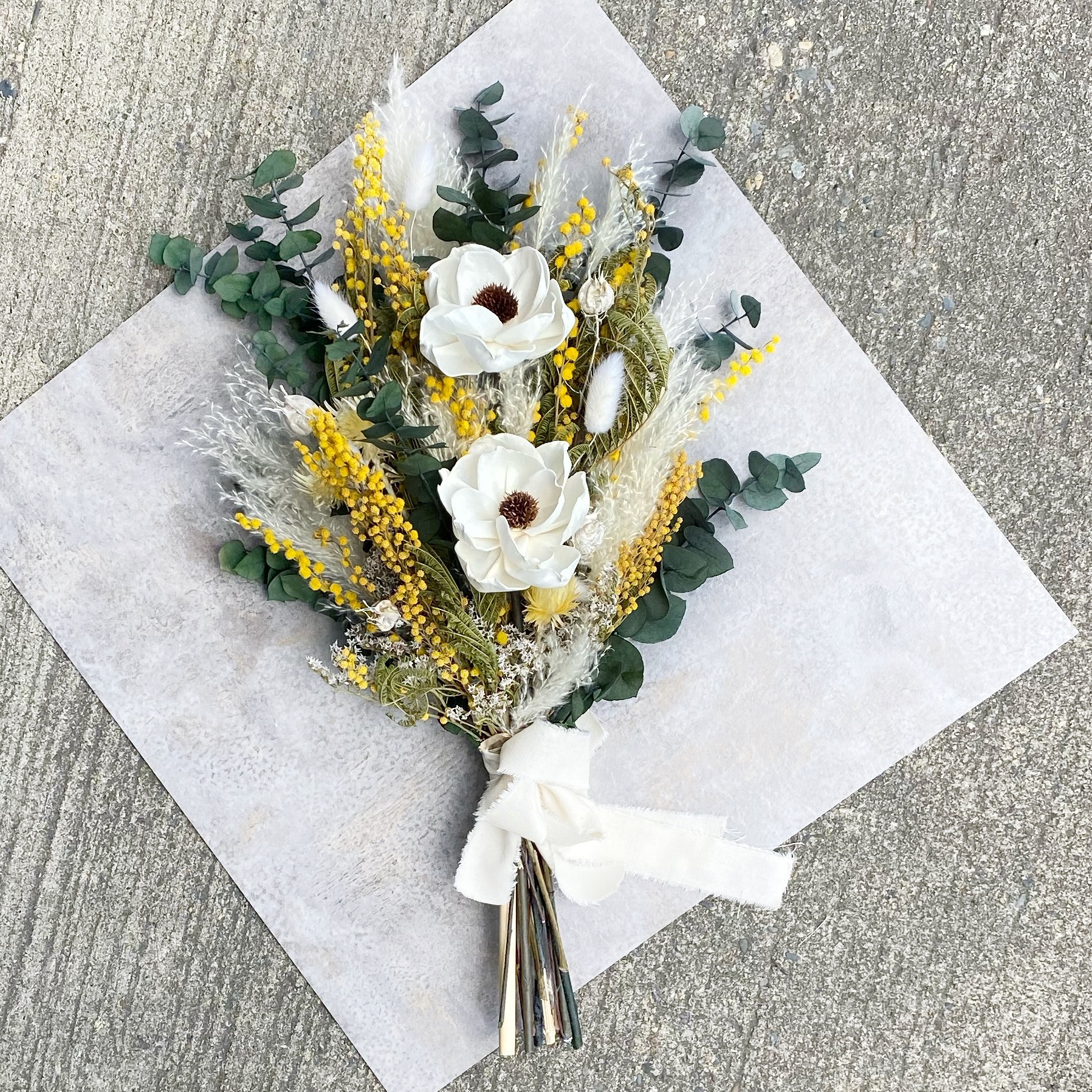 ナチュラルブーケＬ　ミモザホワイト　ウェディング　ドライフラワー　プリザーブドフラワー