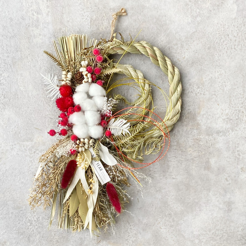 しめ縄 2023 ワタの実 レッド お正月 玄関飾り しめ縄飾り リース