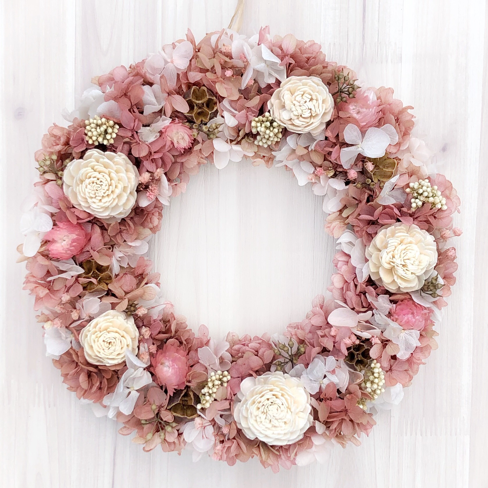 特集掲載作品＊ピンクライムの優しいリースＬ　リースボックス付　プリザーブドフラワー　ウェディング