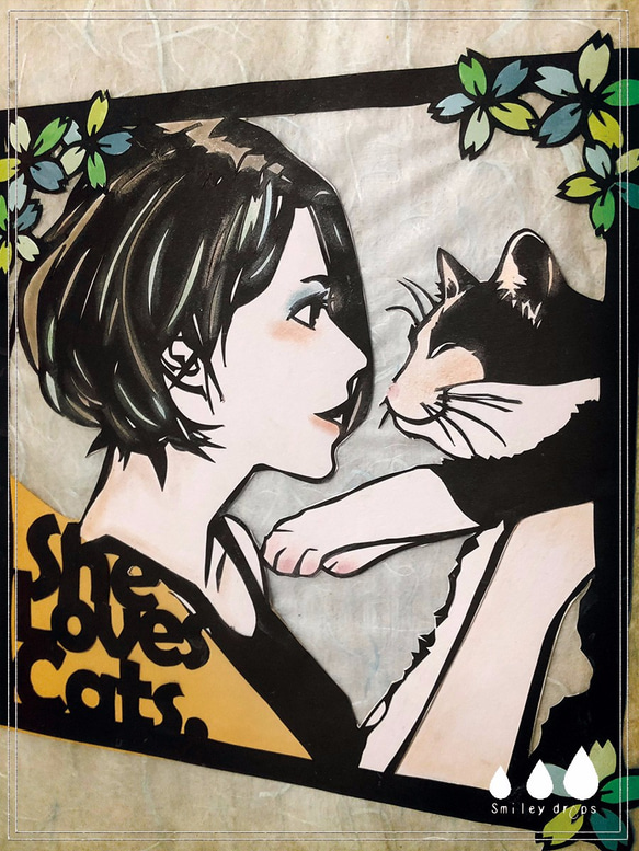 【送料無料】切り絵・ She loves cats.（オリジナル） 3枚目の画像