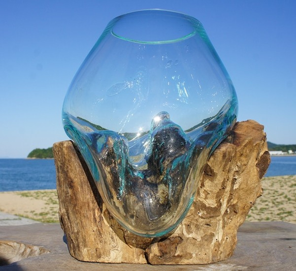 吹きガラスと天然木のオブジェXSP 金魚鉢 メダカ 水槽 アクアリウム テラリウム コケリウム 花瓶 流木ガラス ブルー 1枚目の画像