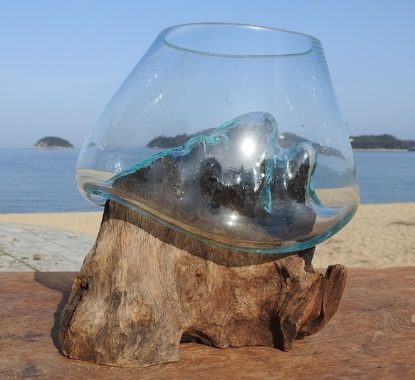 吹きガラスと天然木のオブジェXSP 金魚鉢 メダカ 水槽 アクアリウム テラリウム コケリウム 花瓶 流木ガラス ブルー 5枚目の画像