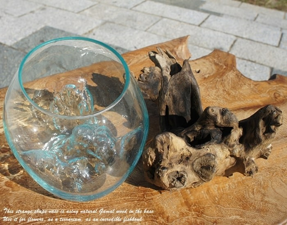 吹きガラスと天然木のオブジェXSP 金魚鉢 メダカ 水槽 アクアリウム テラリウム コケリウム 花瓶 流木ガラス ブルー 7枚目の画像