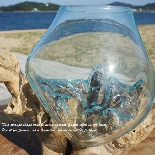 吹きガラスと天然木のオブジェS 金魚鉢 メダカ 水槽 アクアリウム