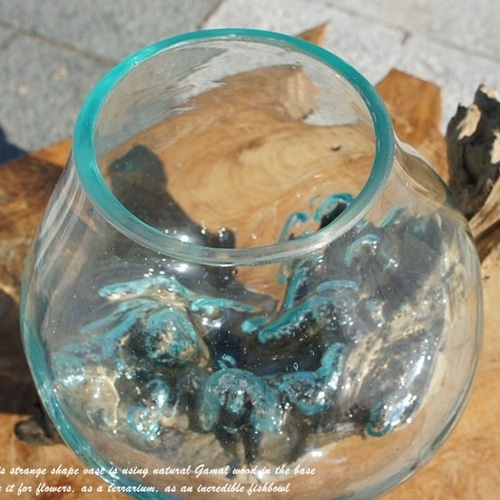 吹きガラスと天然木のオブジェS 金魚鉢 メダカ 水槽 アクアリウム