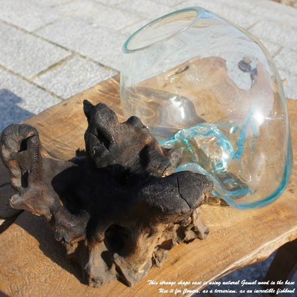 吹きガラスと天然木のオブジェS 金魚鉢 メダカ 水槽 アクアリウム テラリウム コケリウム 花瓶 流木ガラス ブルー硝子 6枚目の画像