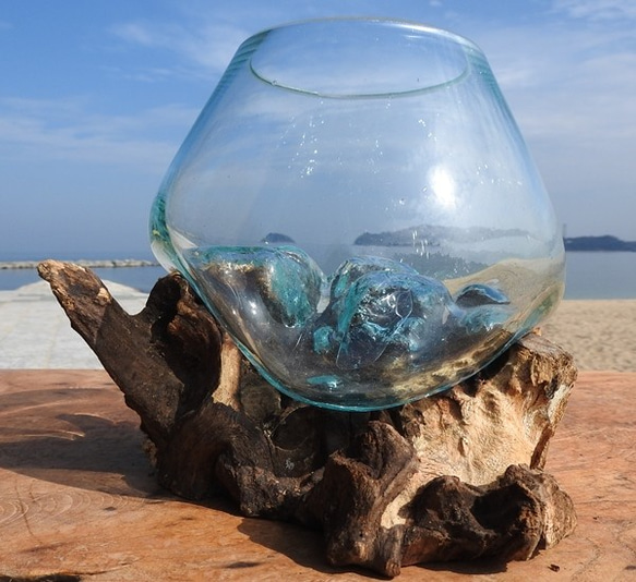 吹きガラスと天然木のオブジェS 金魚鉢 メダカ 水槽 アクアリウム テラリウム コケリウム 花瓶 流木ガラス ブルー硝子 10枚目の画像