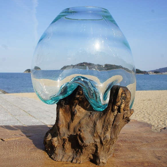 吹きガラスと天然木のオブジェM 金魚鉢 メダカ 水槽