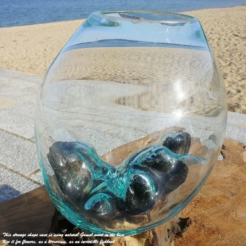 吹きガラスと天然木のオブジェM 金魚鉢 メダカ 水槽 アクアリウム