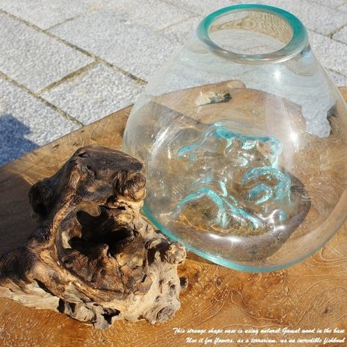 吹きガラスと天然木のオブジェM 金魚鉢 メダカ 水槽 アクアリウム